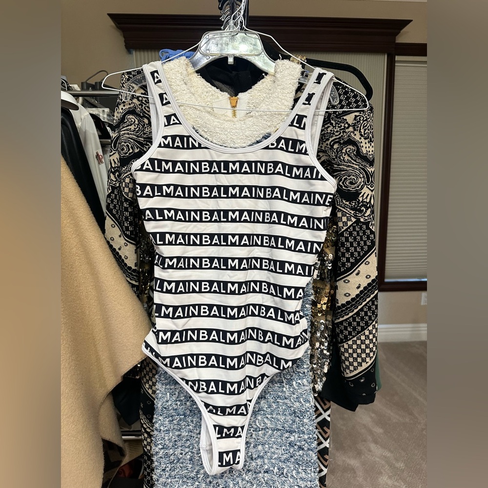 Balmain Logo Bodysuit top shirt one piece swim bathing suit size 40 $750!